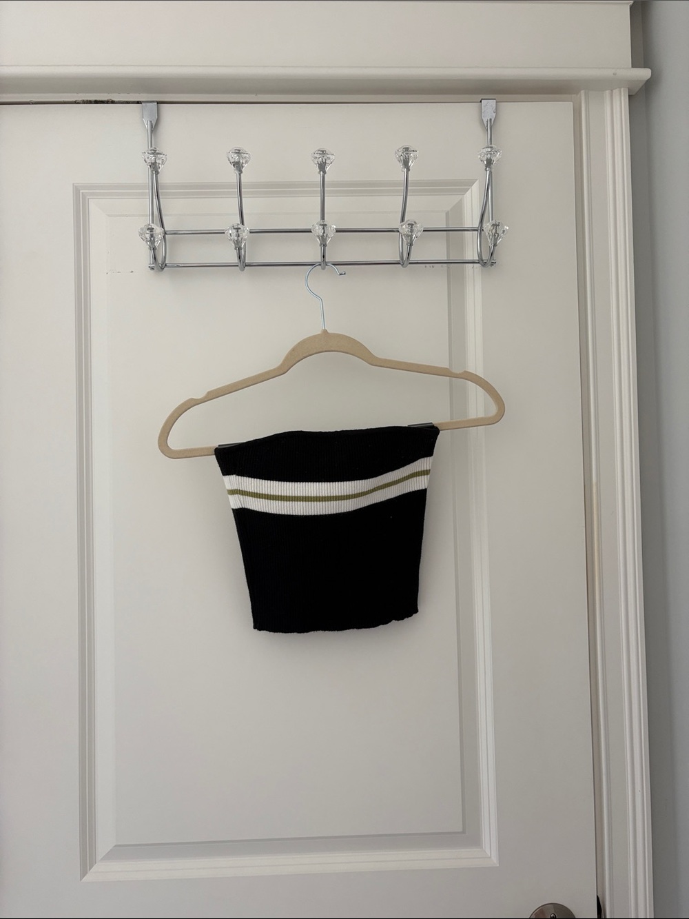 Black Ribbed Strapless Tube Top with White and Olive Stripe